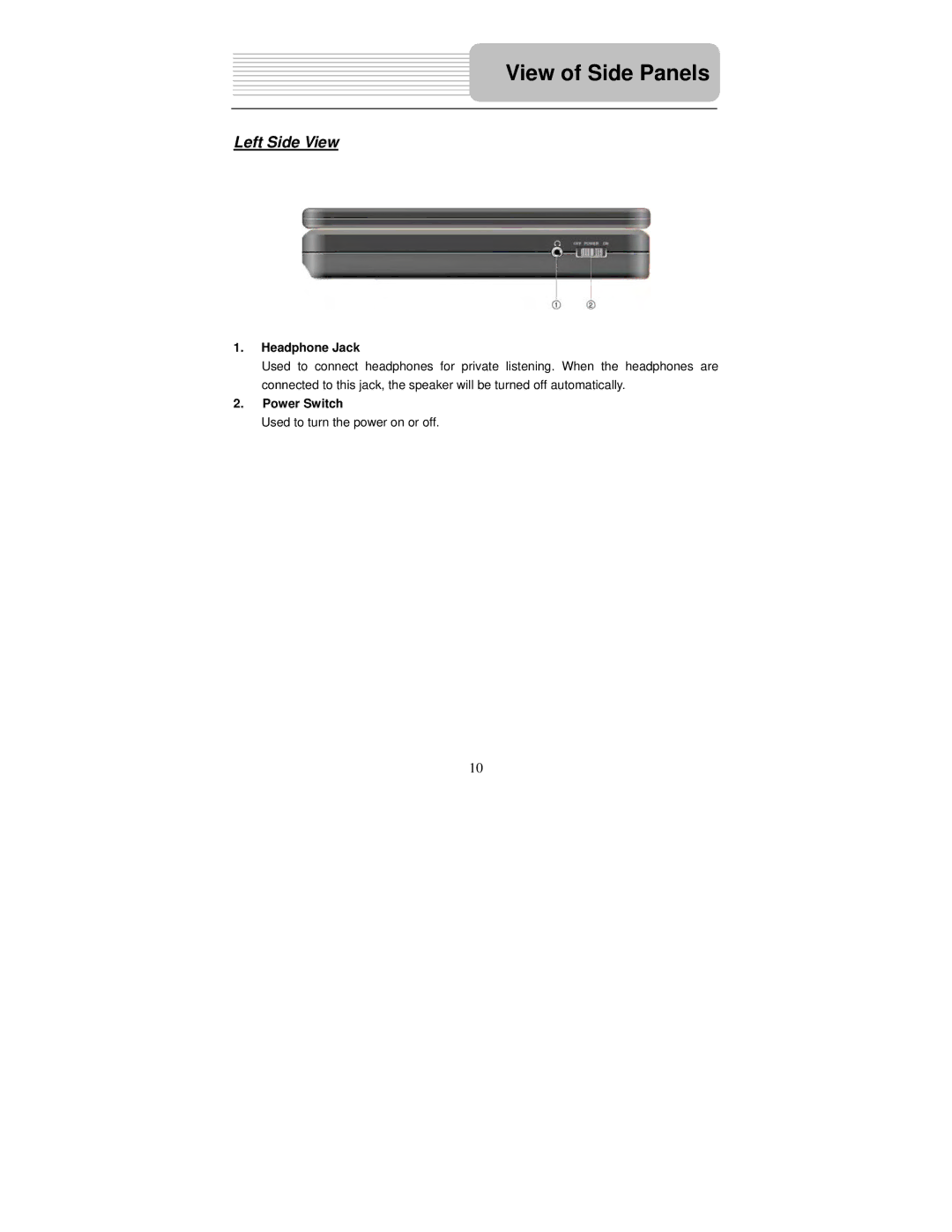 Polaroid PDM-2726M user manual Left Side View, Power Switch, Used to turn the power on or off 