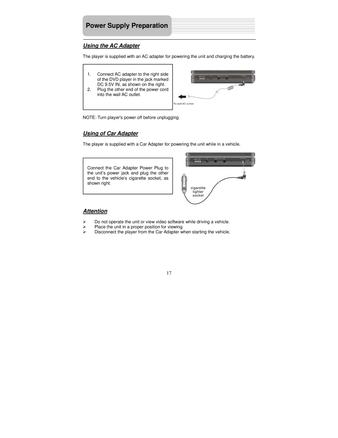 Polaroid PDM-2726M user manual Using the AC Adapter, Using of Car Adapter 