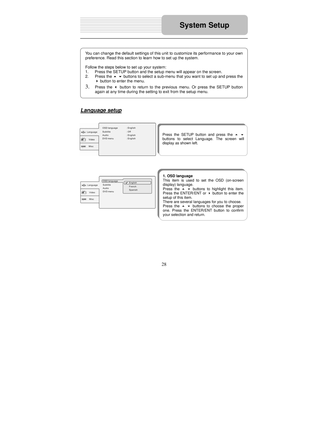 Polaroid PDM-2726M user manual System Setup, Language setup 