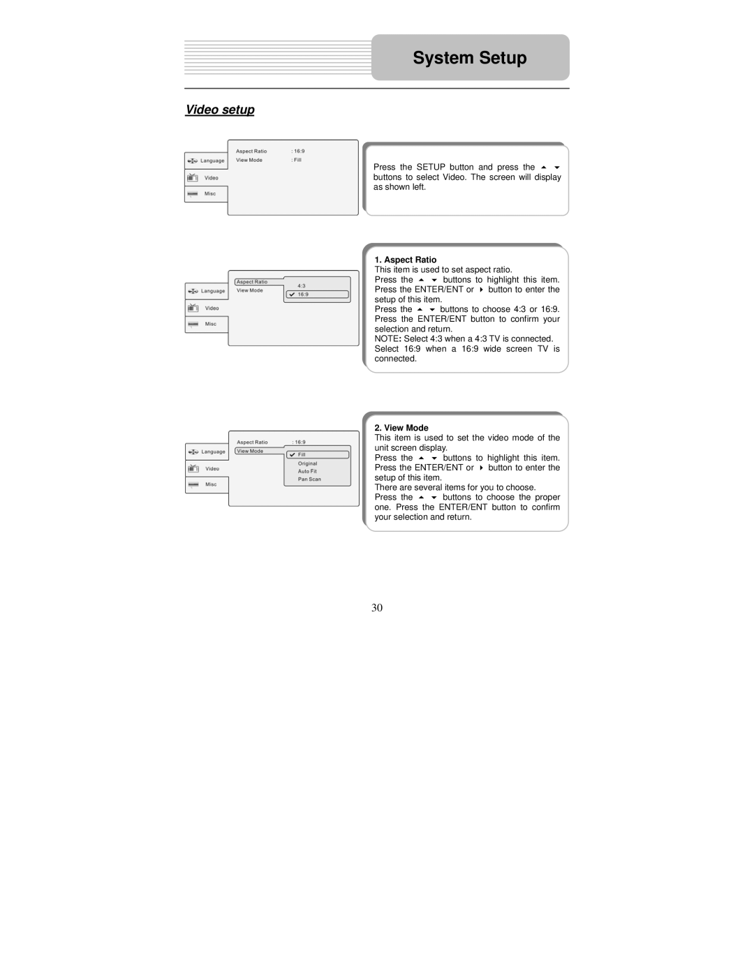 Polaroid PDM-2726M user manual Video setup, Aspect Ratio 