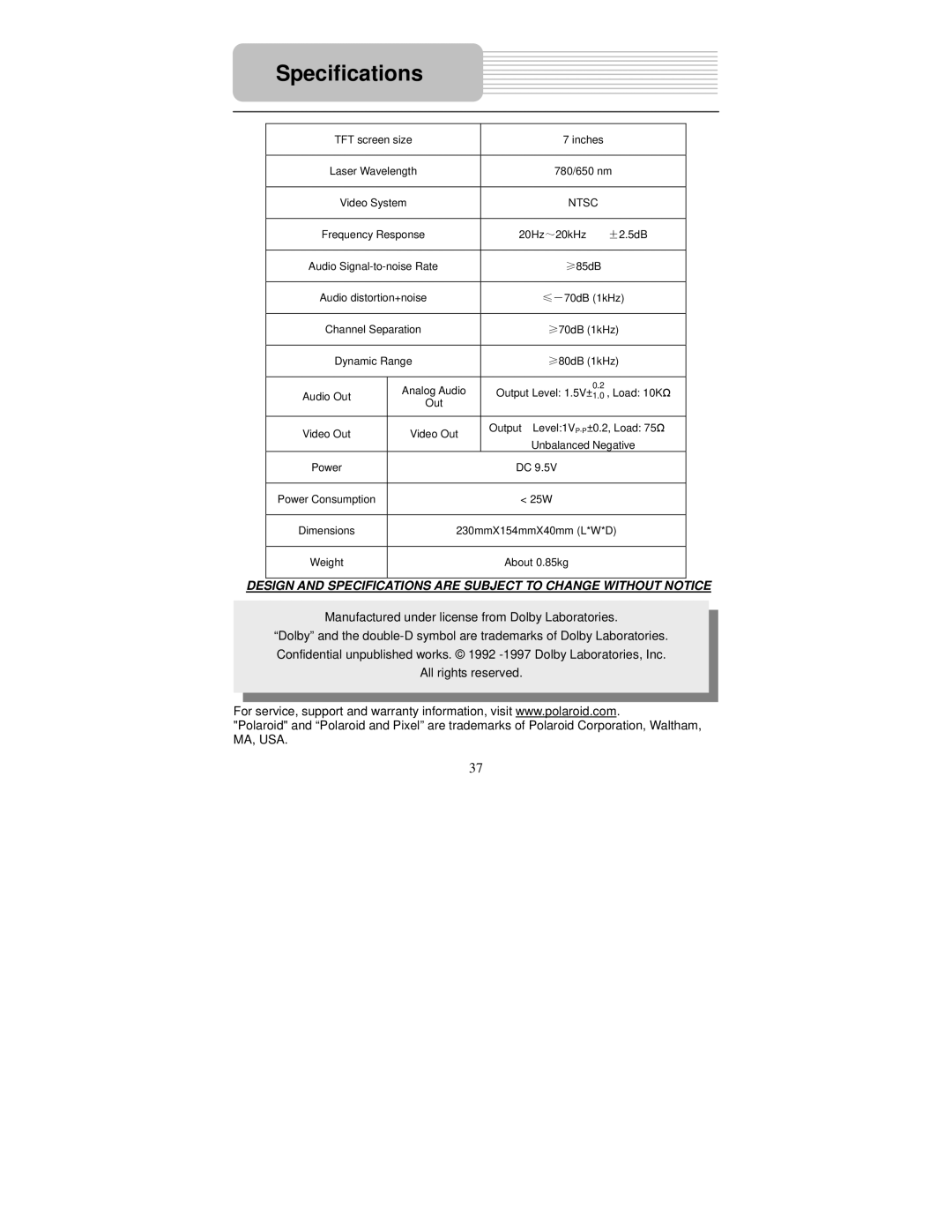 Polaroid PDM-2726M user manual Specifications, Manufactured under license from Dolby Laboratories 