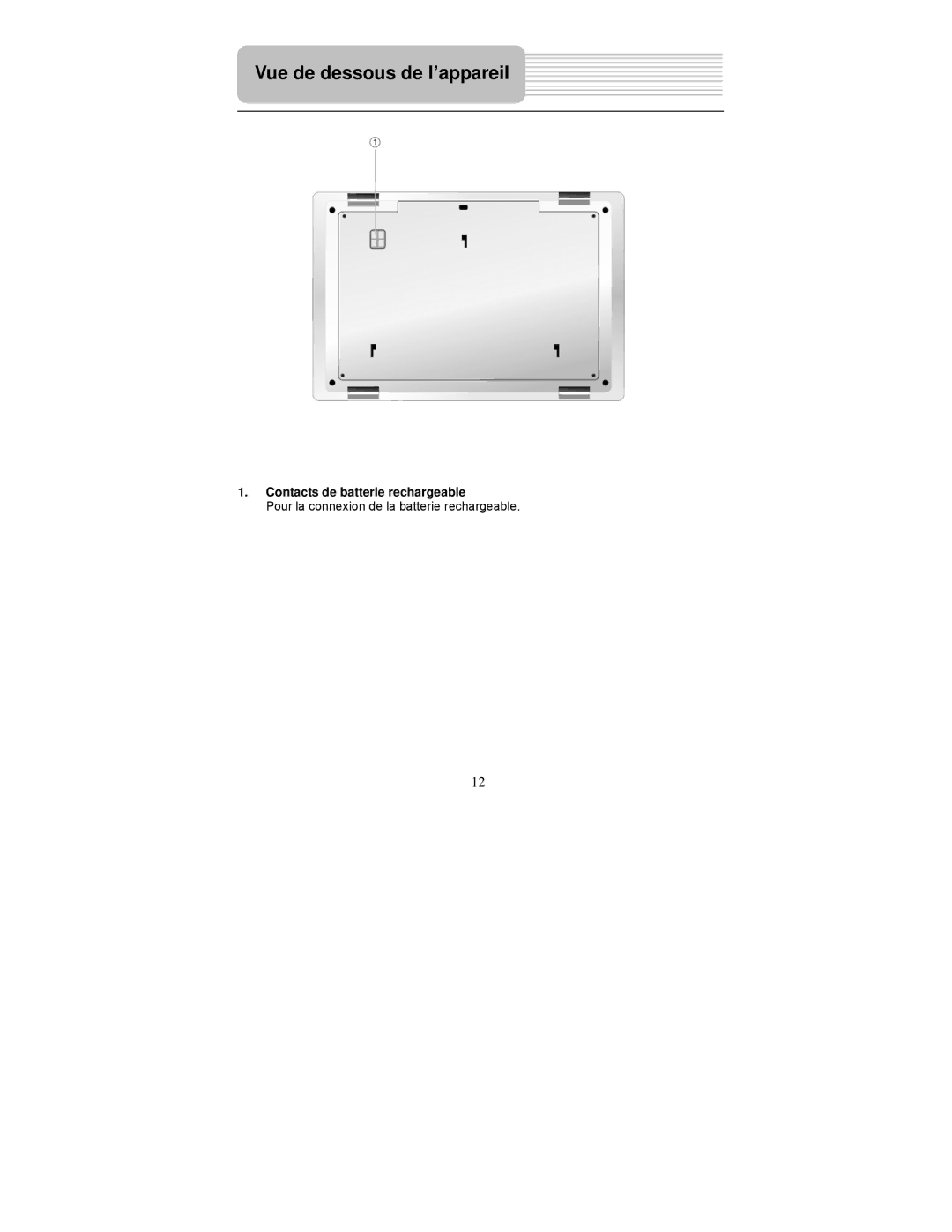 Polaroid PDM-2727 manual Vue de dessous de l’appareil, Contacts de batterie rechargeable 