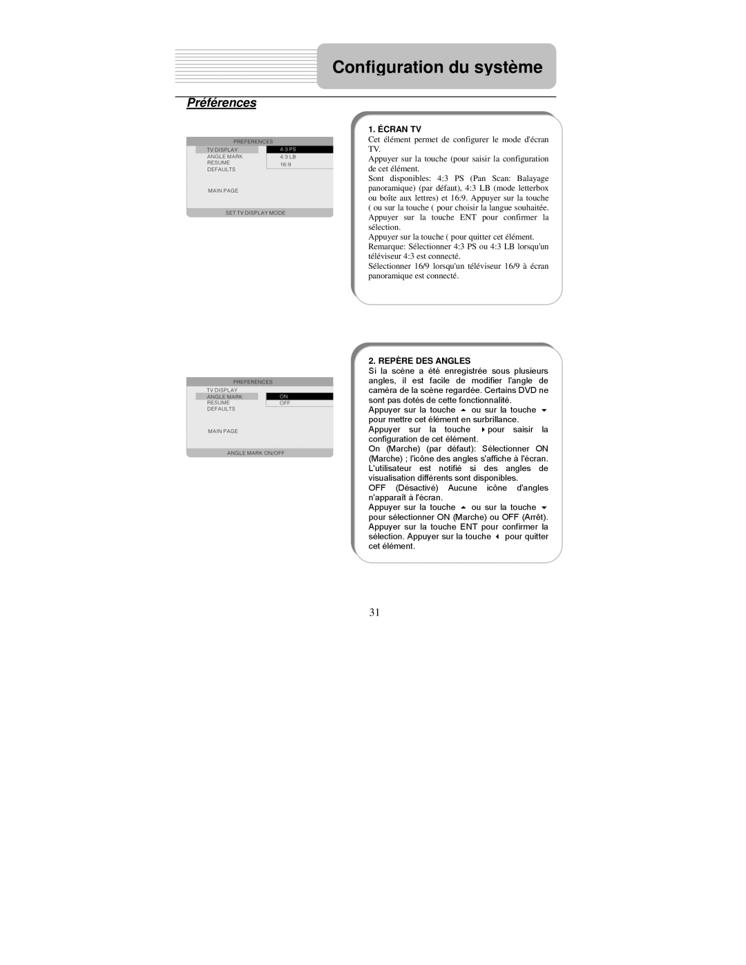 Polaroid PDM-2727 manual Préférences, Écran TV 