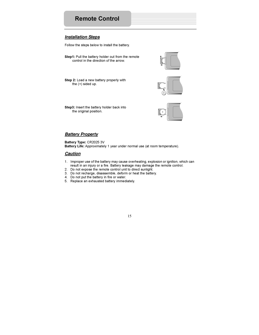 Polaroid PDM-2727 manual Installation Steps, Battery Property, Battery Type CR2025 