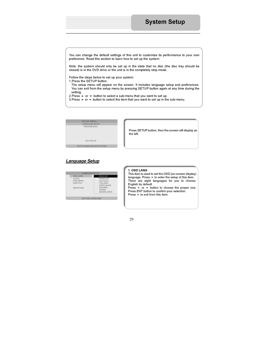 Polaroid PDM-2727 manual System Setup, Language Setup 