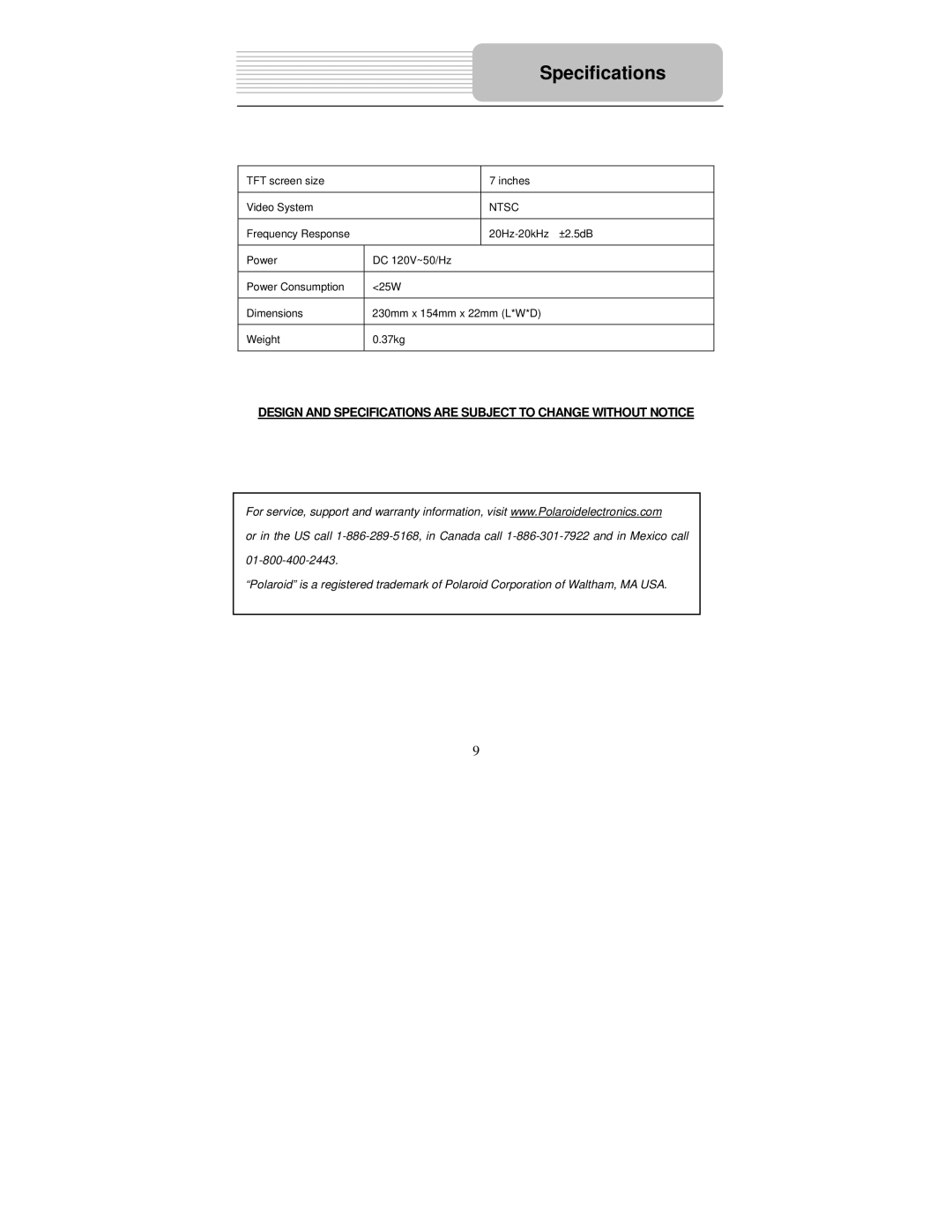 Polaroid PDM-2727 manual Specifications 