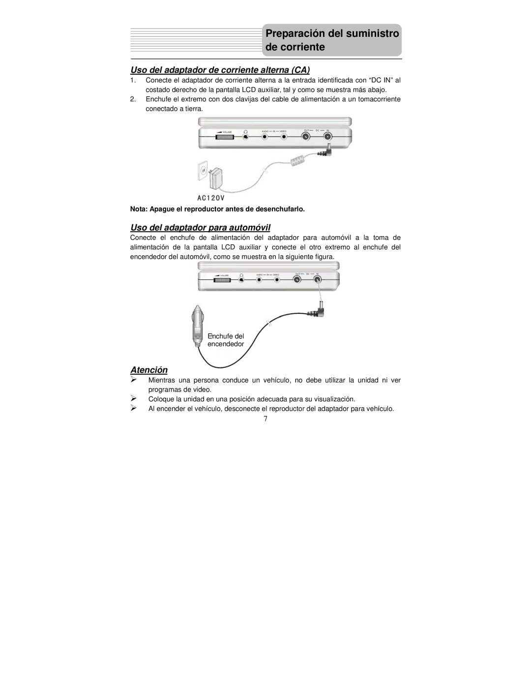 Polaroid PDM-2727 manual Uso del adaptador de corriente alterna CA, Uso del adaptador para automóvil 