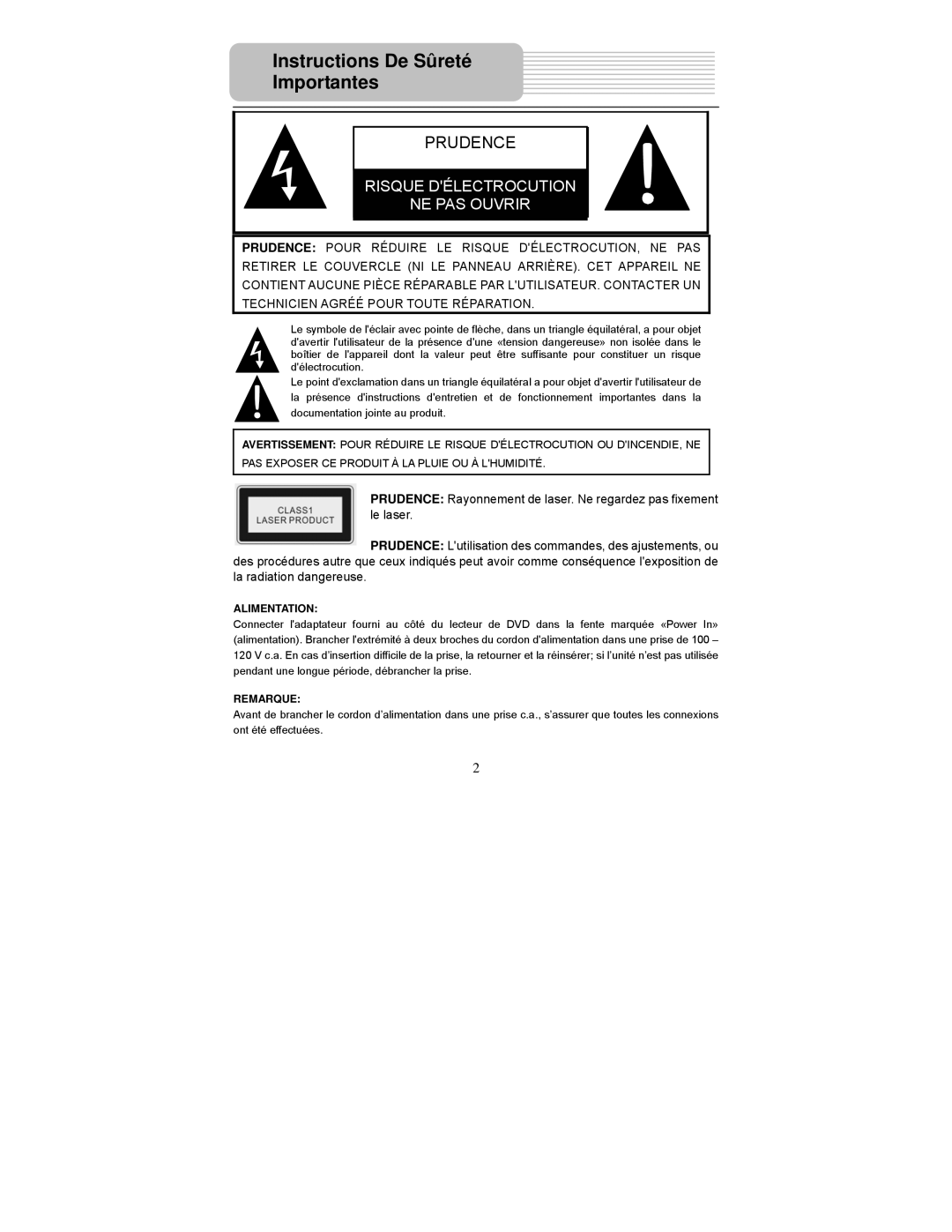 Polaroid PDM-2727 manual Instructions De Sûreté Importantes, Prudence 