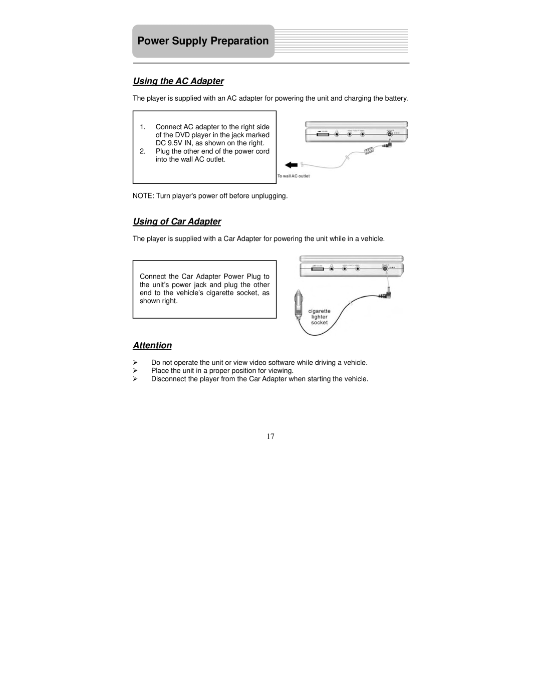 Polaroid PDM-2727M user manual Using the AC Adapter, Using of Car Adapter 