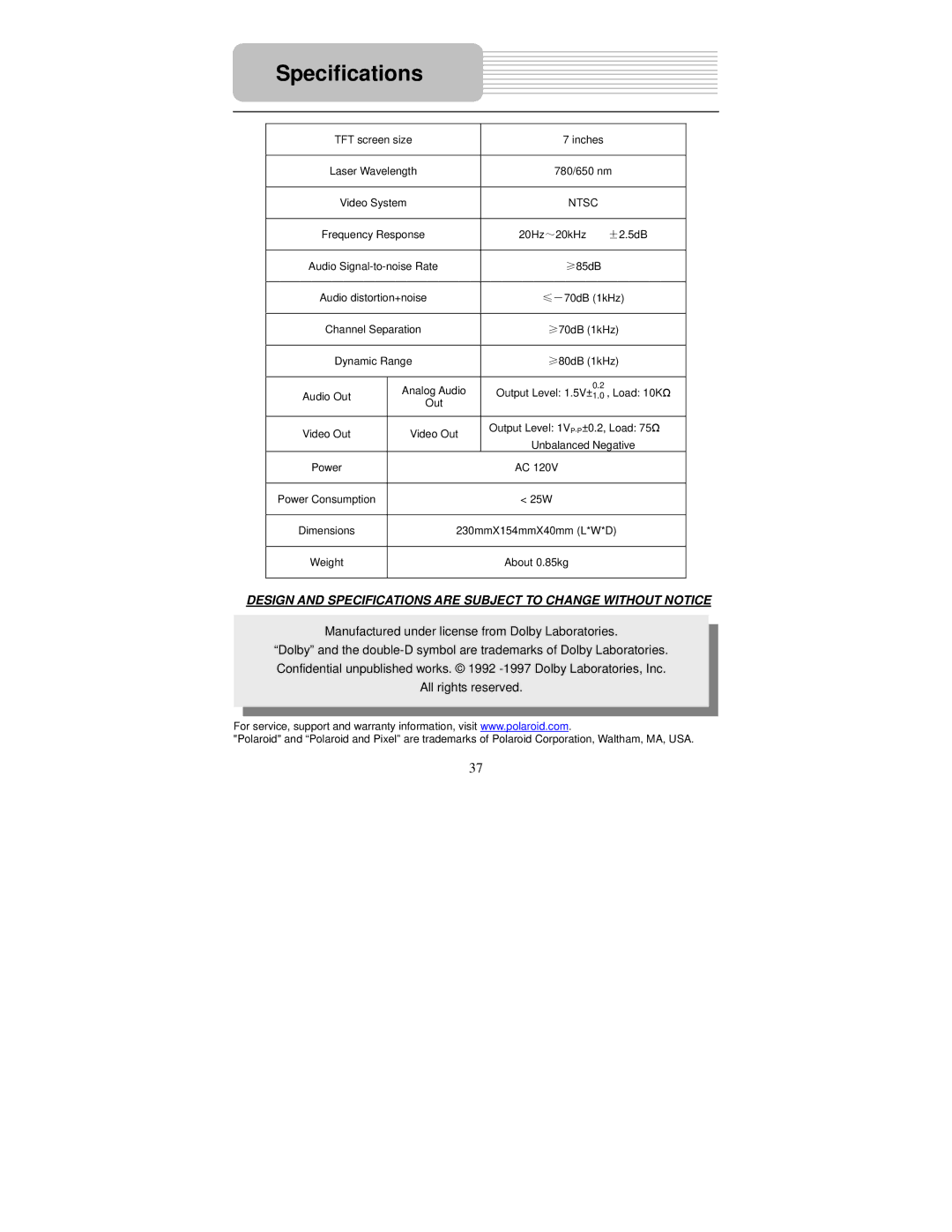 Polaroid PDM-2727M user manual Specifications, Manufactured under license from Dolby Laboratories, All rights reserved 