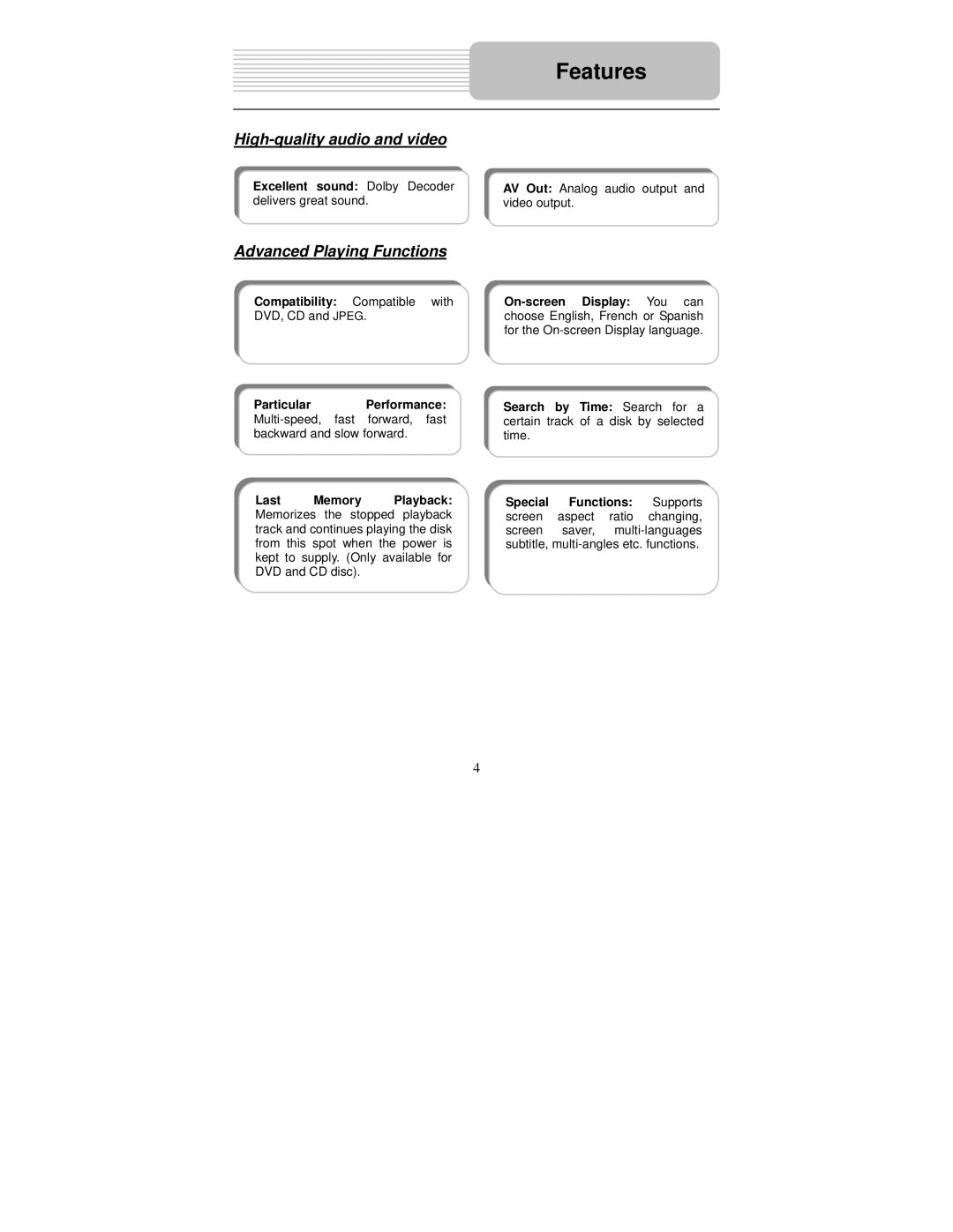 Polaroid PDM-2727M user manual Features, High-quality audio and video, Advanced Playing Functions 