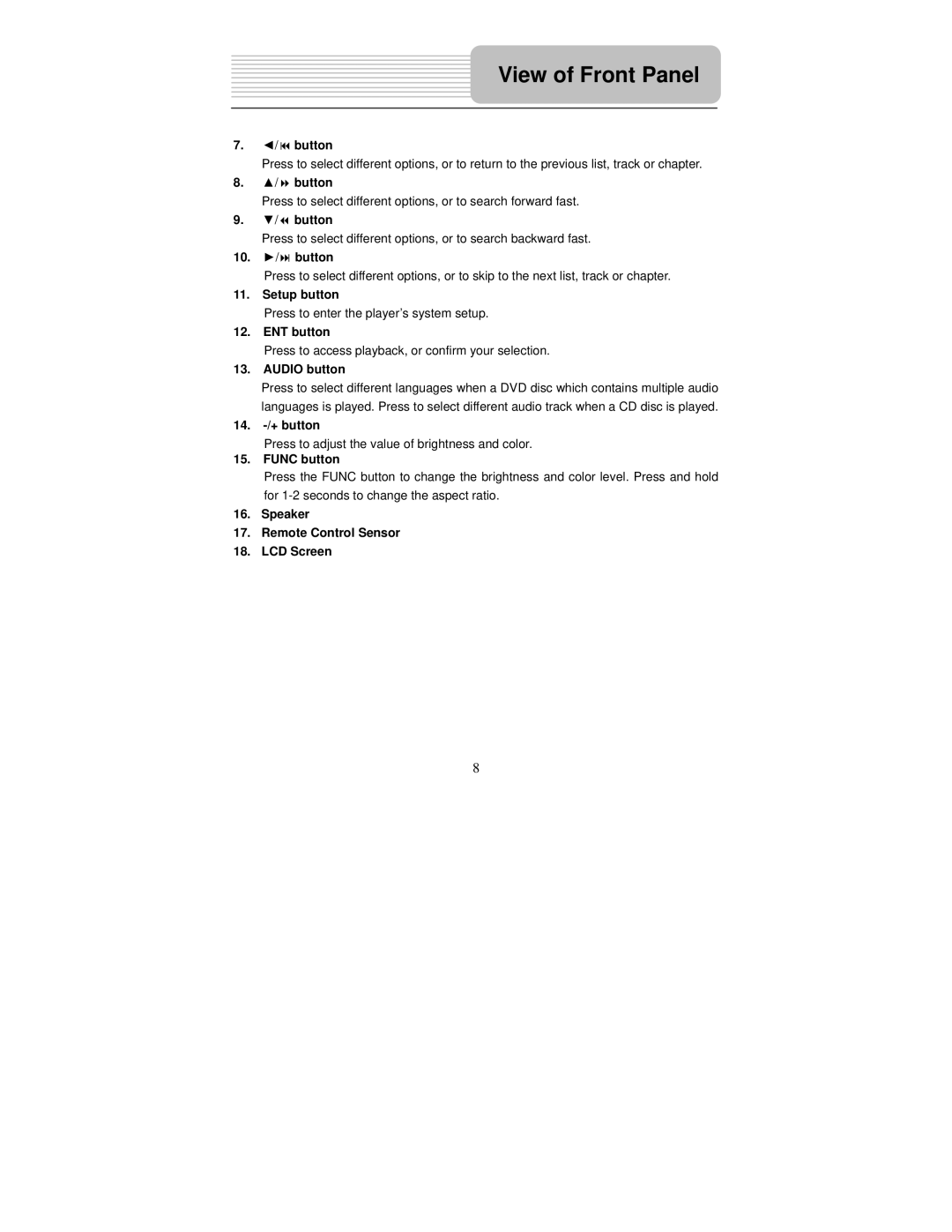 Polaroid PDM-2727M user manual Button, 10. / button, Setup button, ENT button, Audio button, 14. -/+ button, Func button 