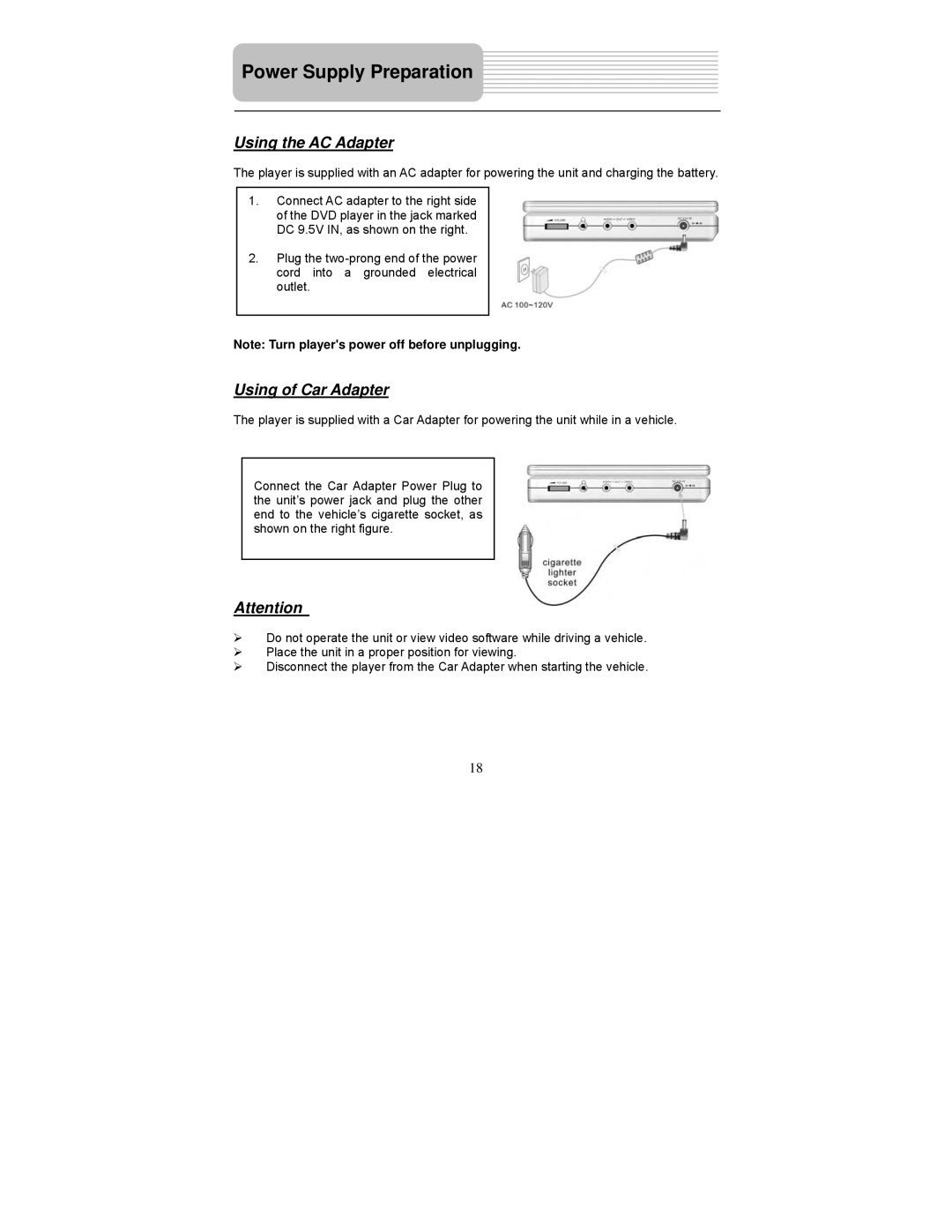 Polaroid PDM-2737 user manual Using the AC Adapter, Using of Car Adapter 