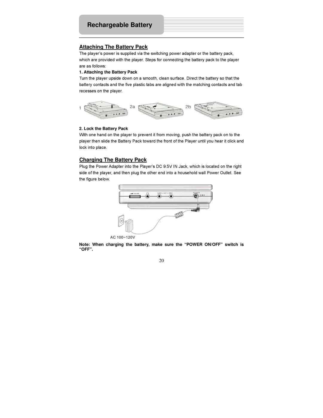 Polaroid PDM-2737 user manual Attaching the Battery Pack, Lock the Battery Pack 