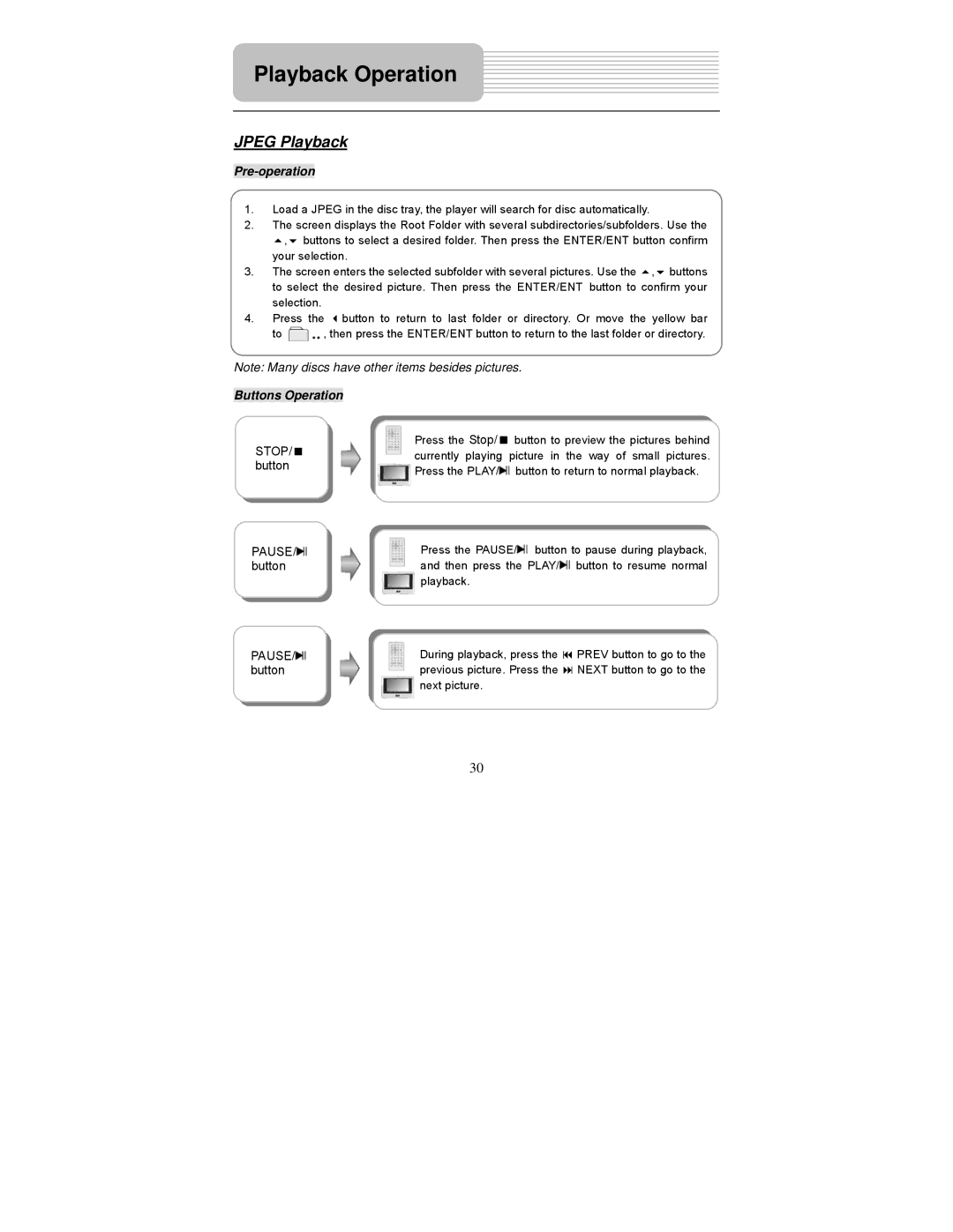 Polaroid PDM-2737 user manual Jpeg Playback, STOP/ button PAUSE/ button 