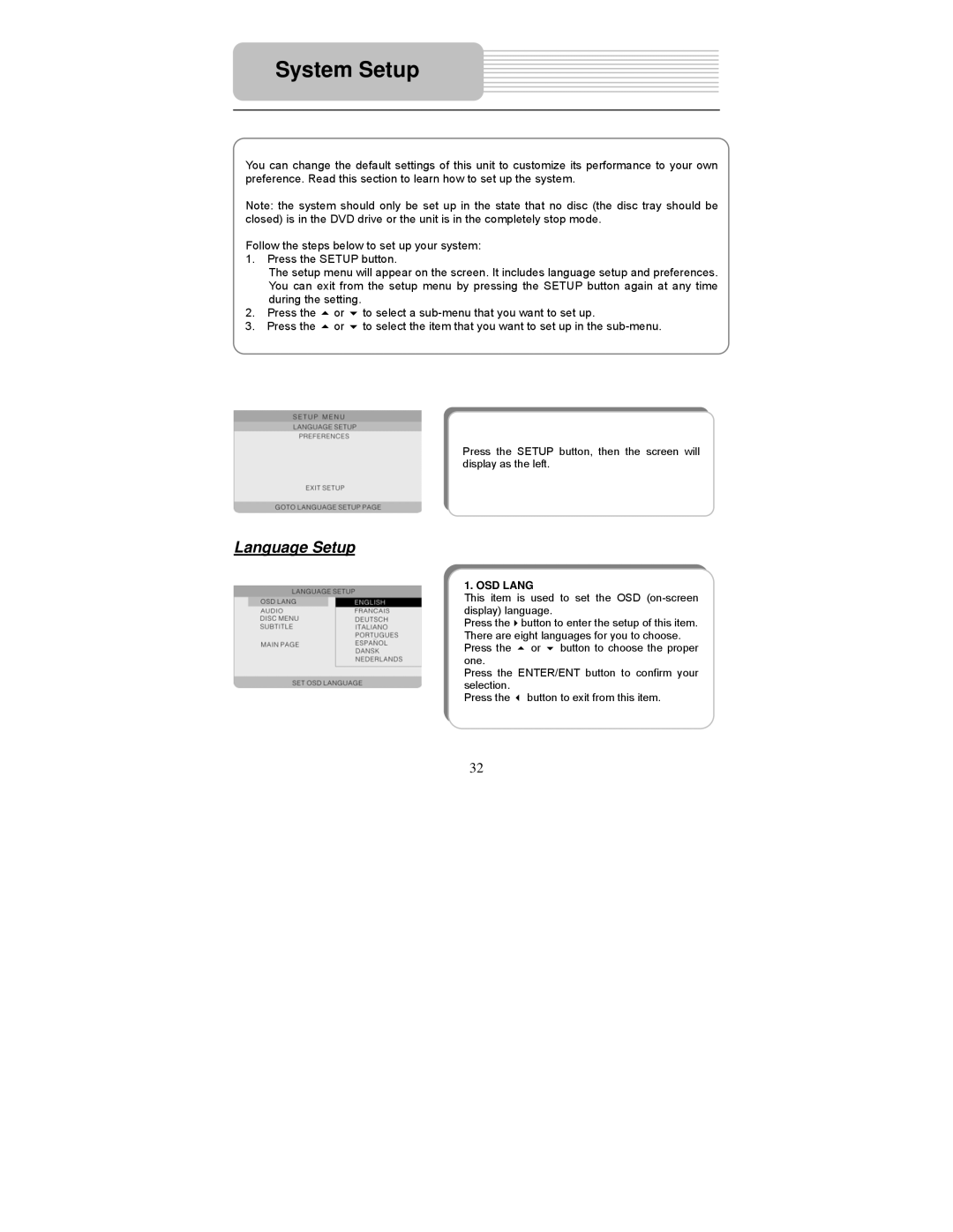 Polaroid PDM-2737 user manual System Setup, Language Setup 