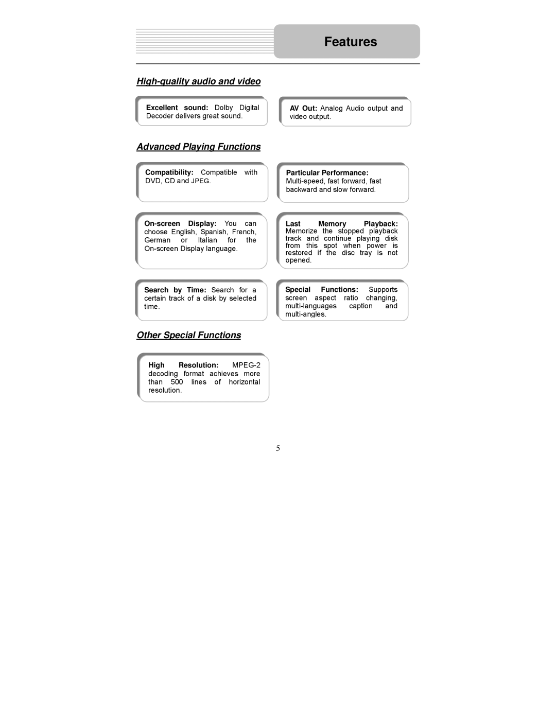 Polaroid PDM-2737 user manual Features, High-quality audio and video, Advanced Playing Functions, Other Special Functions 