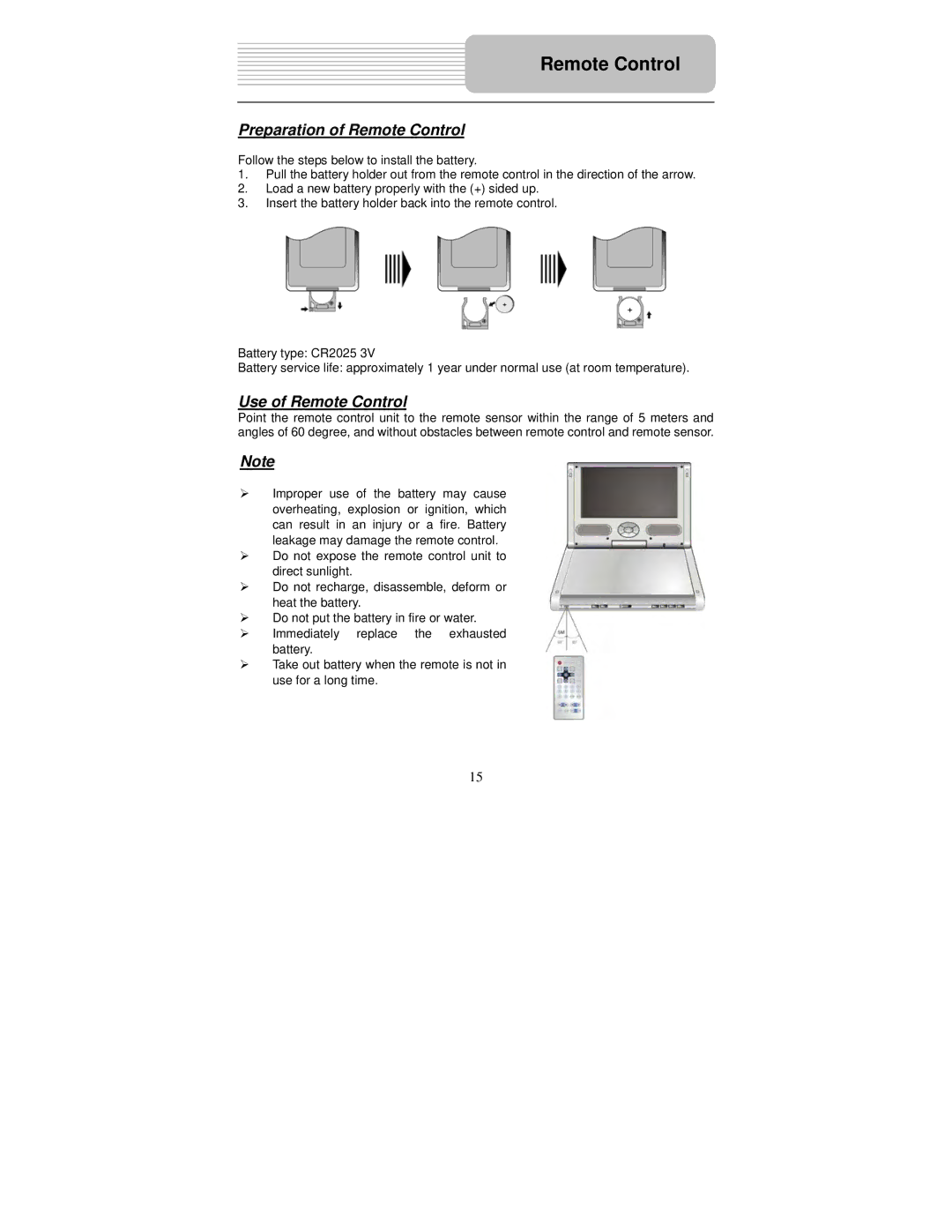 Polaroid PDM-8551 user manual Preparation of Remote Control, Use of Remote Control 