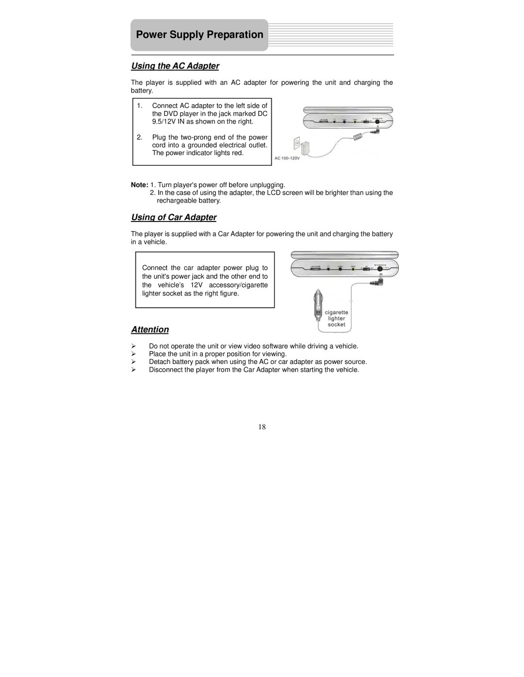 Polaroid PDM-8551 user manual Power Supply Preparation, Using the AC Adapter, Using of Car Adapter 