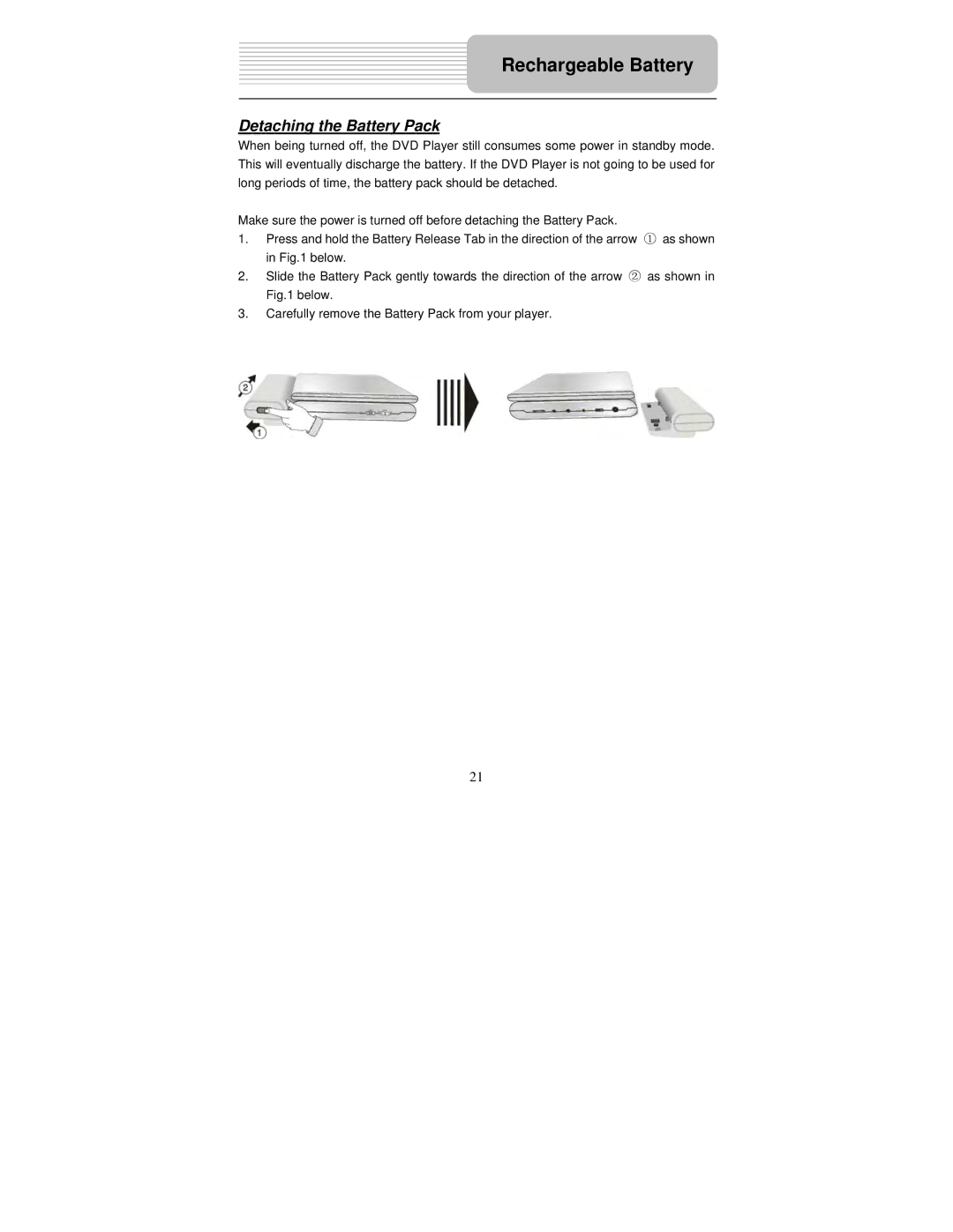 Polaroid PDM-8551 user manual Detaching the Battery Pack 