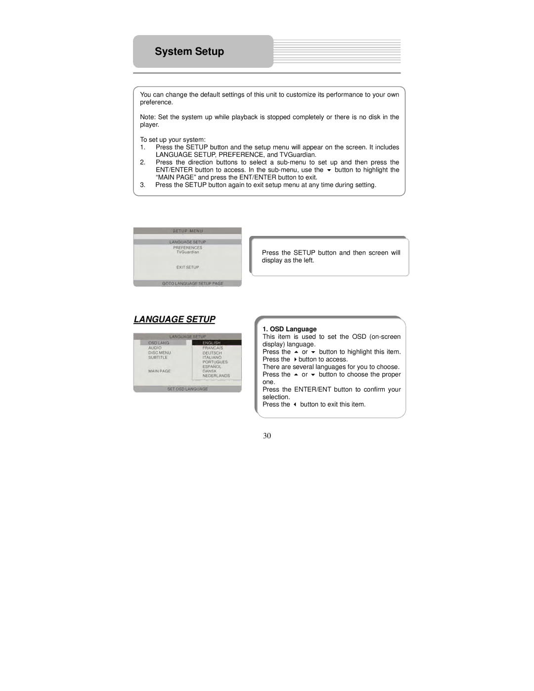 Polaroid PDM-8551 user manual System Setup, OSD Language 