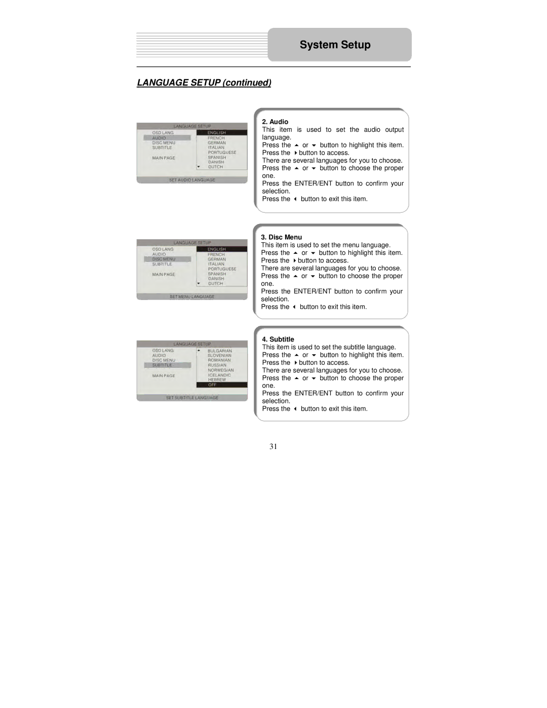 Polaroid PDM-8551 user manual Language Setup, Audio, Disc Menu, Subtitle 