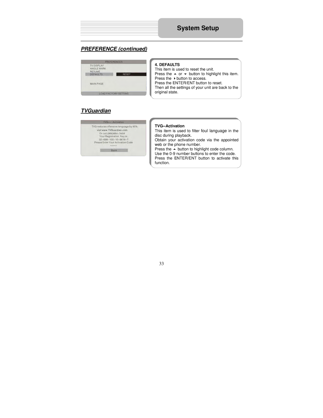 Polaroid PDM-8551 user manual Preference, TVGuardian, TVG--Activation 