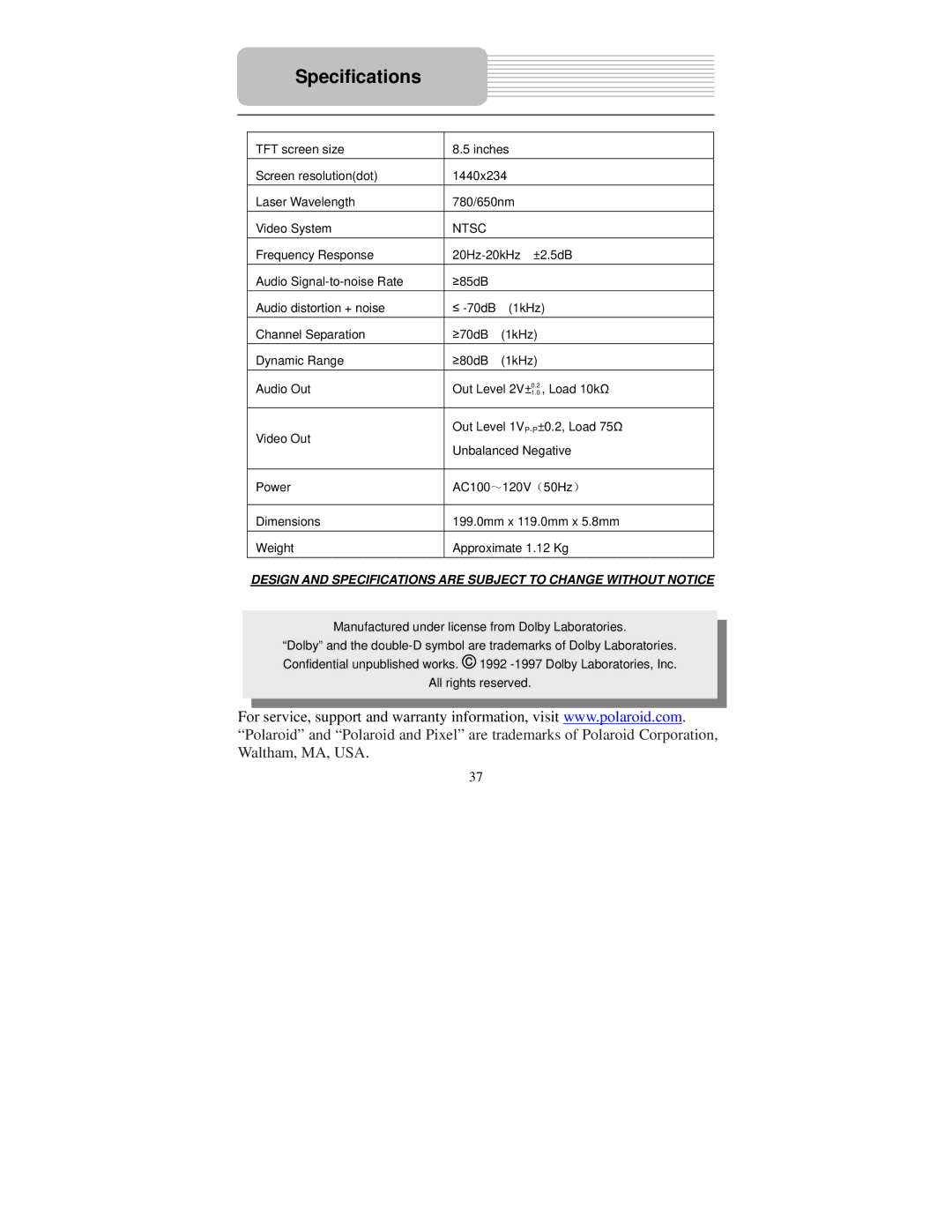 Polaroid PDM-8551 user manual Specifications, Ntsc 