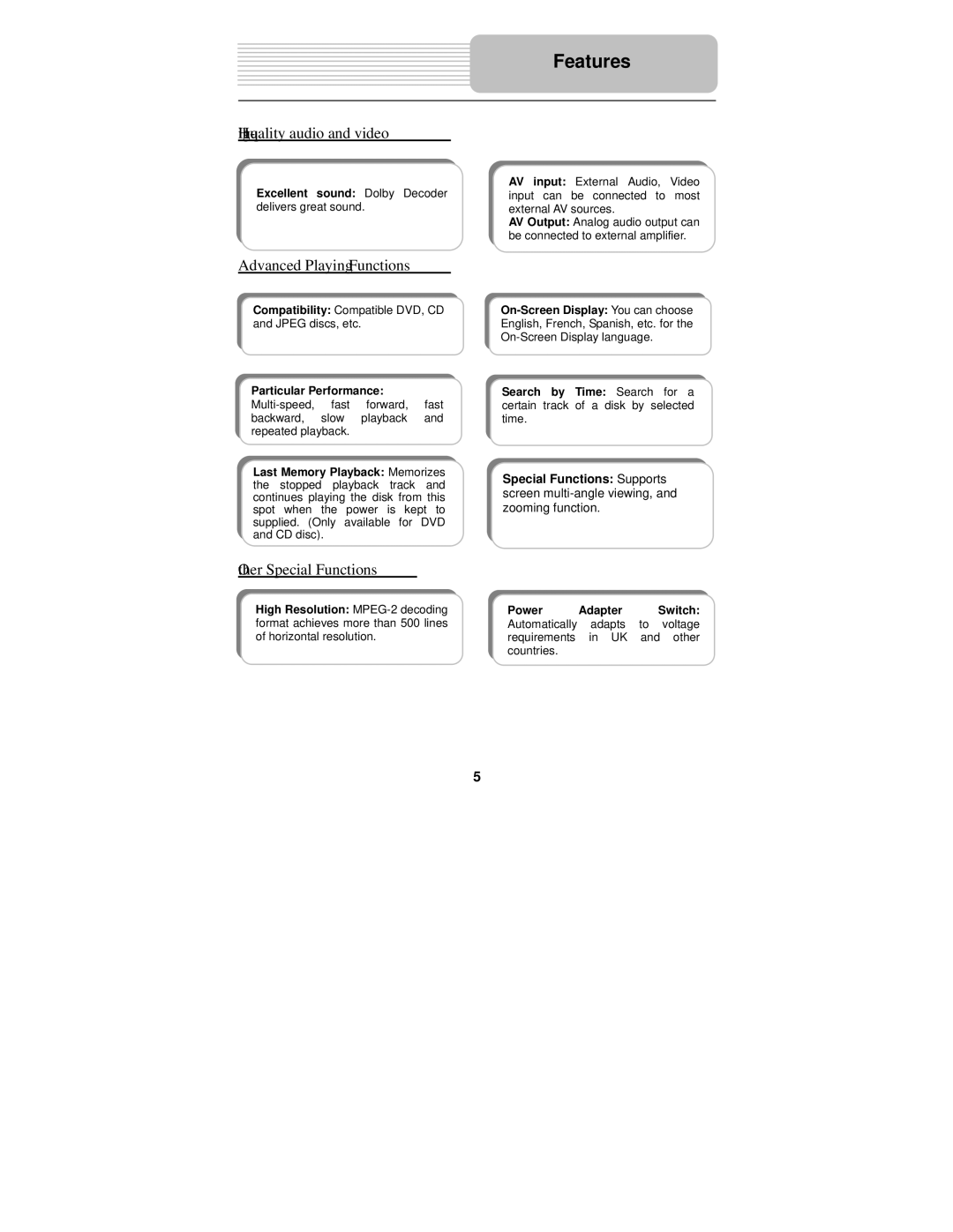 Polaroid PDM-8551 user manual Features, High-quality audio and video, Advanced Playing Functions, Other Special Functions 