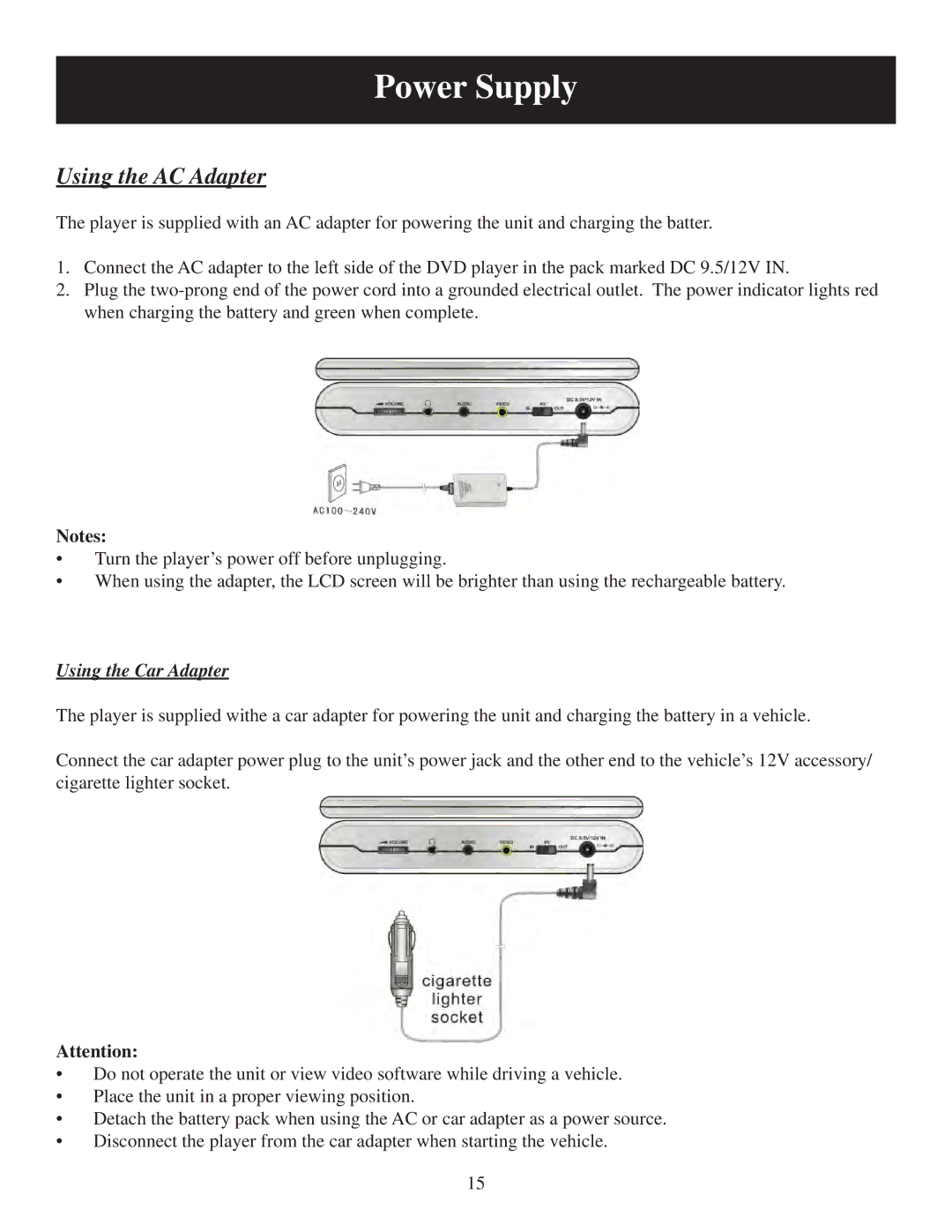 Polaroid PDM-8553M user manual Power Supply, Using the AC Adapter 