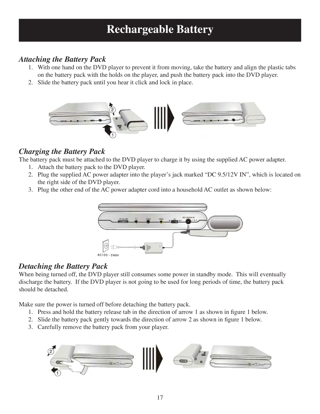 Polaroid PDM-8553M user manual Attaching the Battery Pack, Charging the Battery Pack, Detaching the Battery Pack 