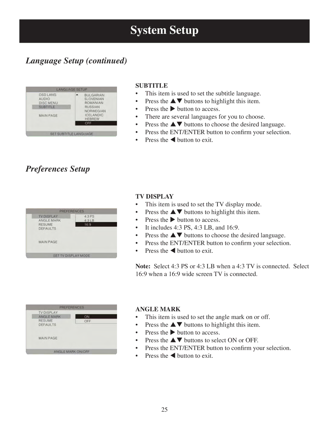 Polaroid PDM-8553M user manual Subtitle, TV Display, Angle Mark 