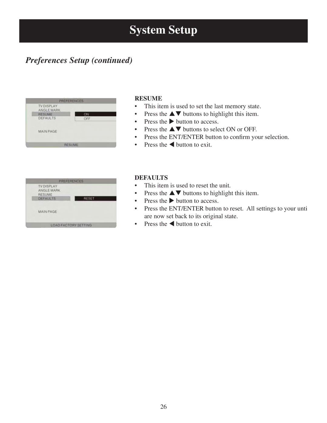 Polaroid PDM-8553M user manual Resume, Defaults 