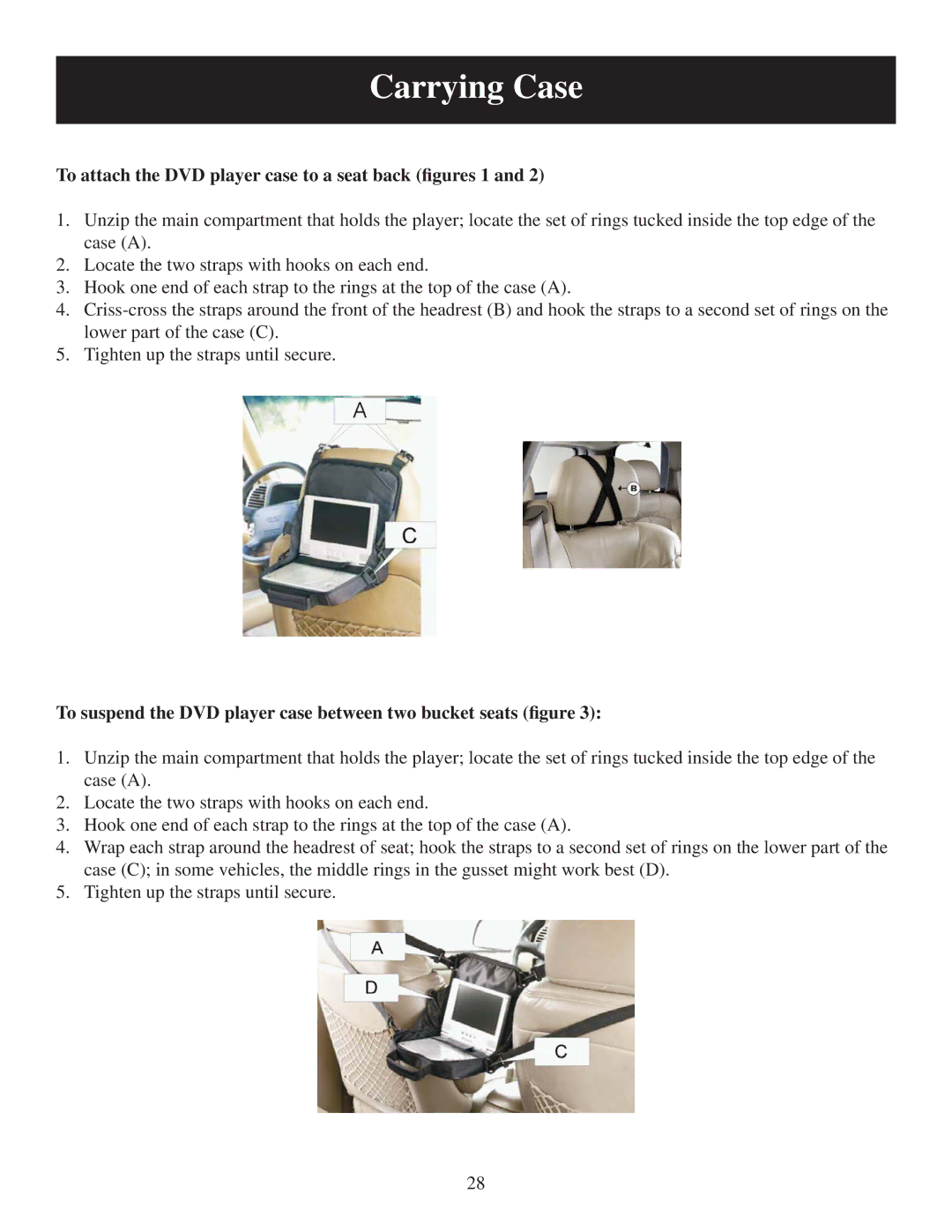 Polaroid PDM-8553M user manual To attach the DVD player case to a seat back ﬁgures 1 