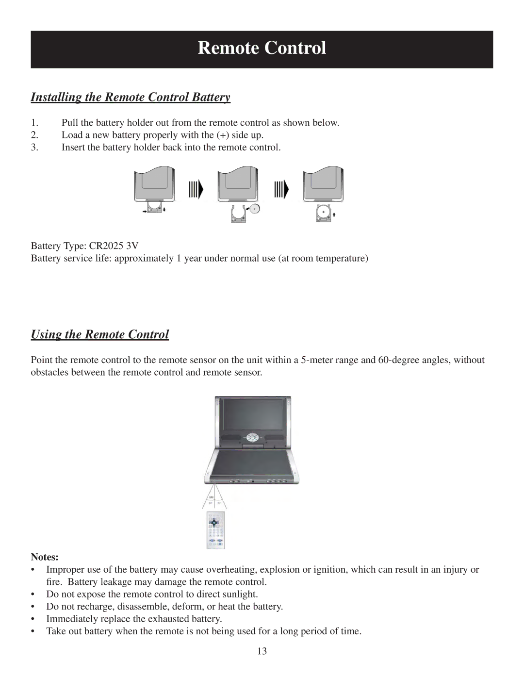 Polaroid PDU-0733 user manual Installing the Remote Control Battery, Using the Remote Control 