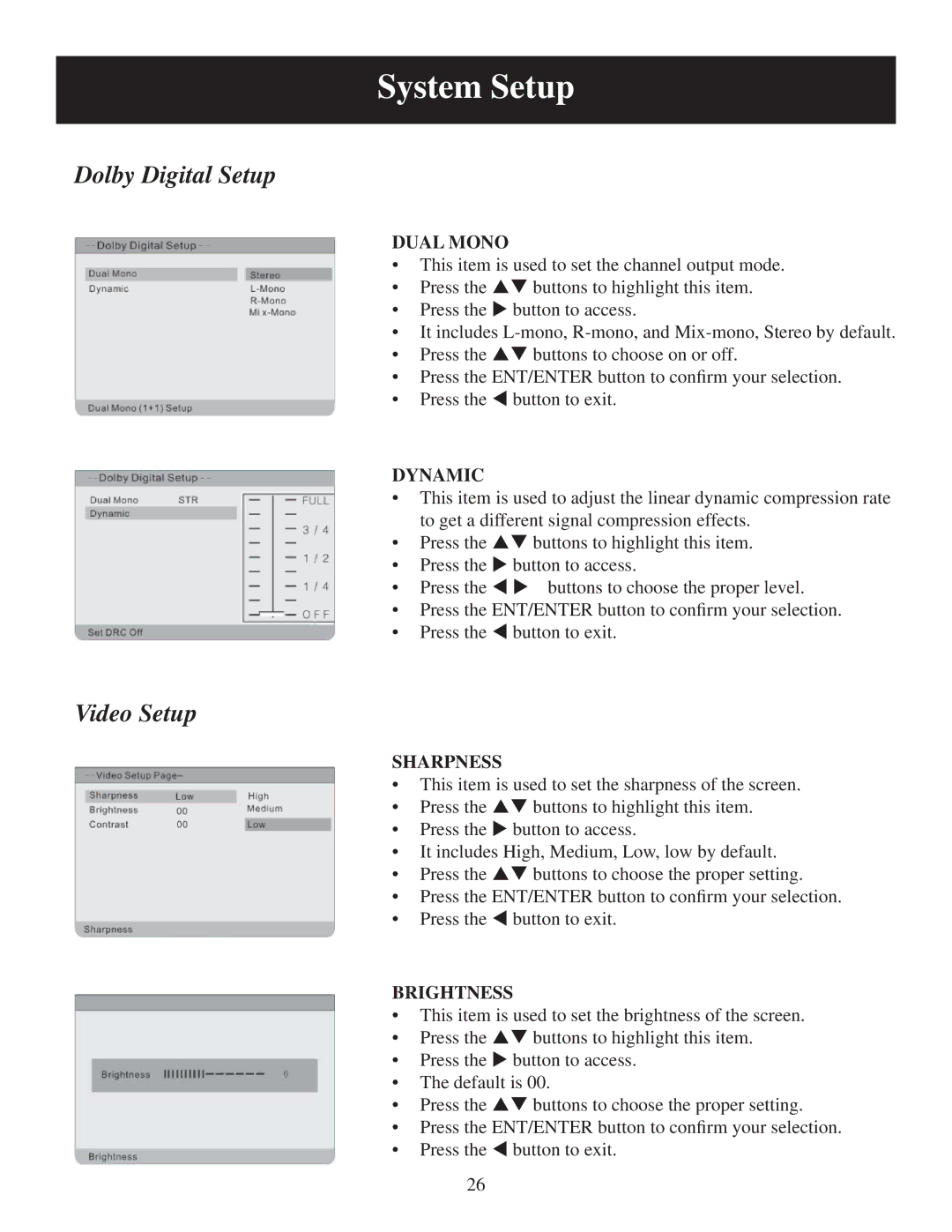 Polaroid PDU-0733 user manual Dual Mono, Dynamic, Sharpness, Brightness 