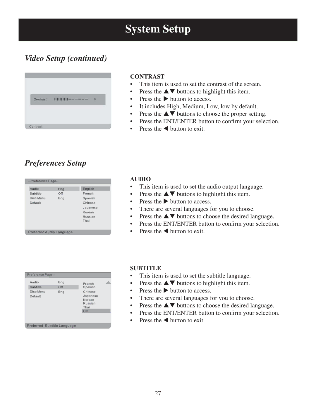 Polaroid PDU-0733 user manual Contrast, Audio, Subtitle 