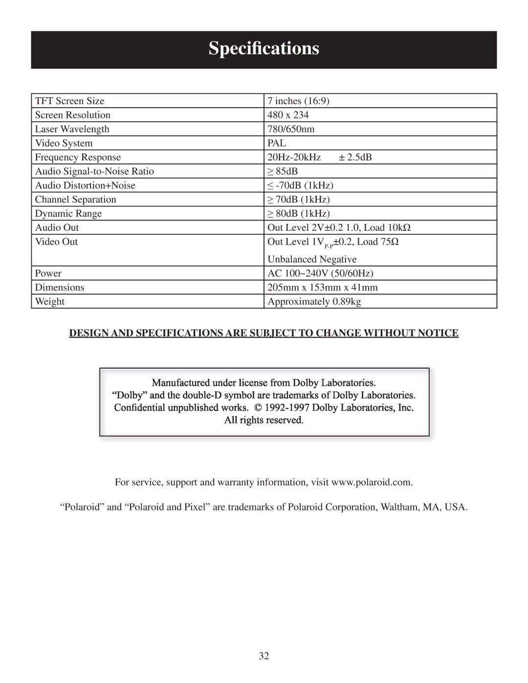 Polaroid PDU-0733 user manual Speciﬁcations, Pal 