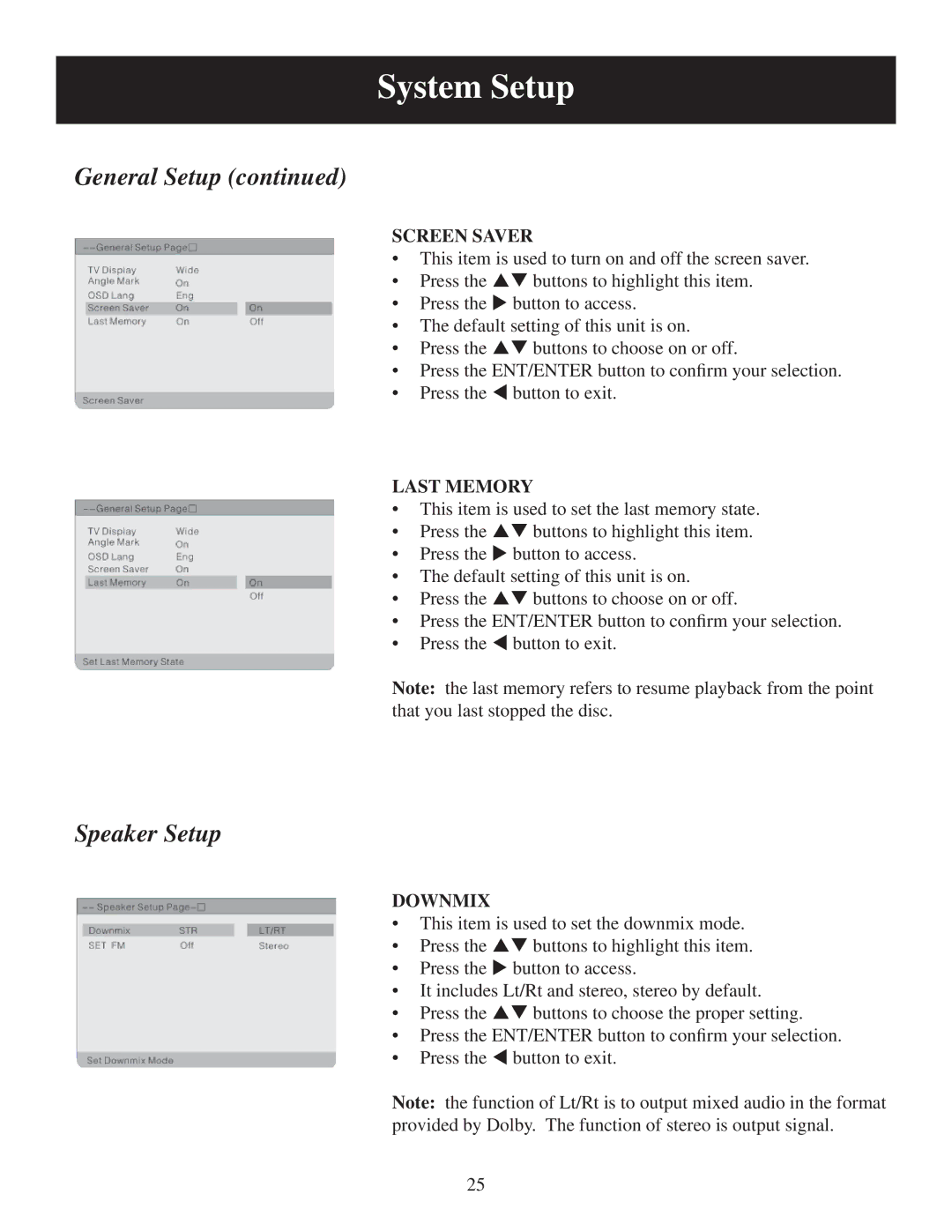 Polaroid PDU-0743 user manual Screen Saver, Last Memory, Downmix 