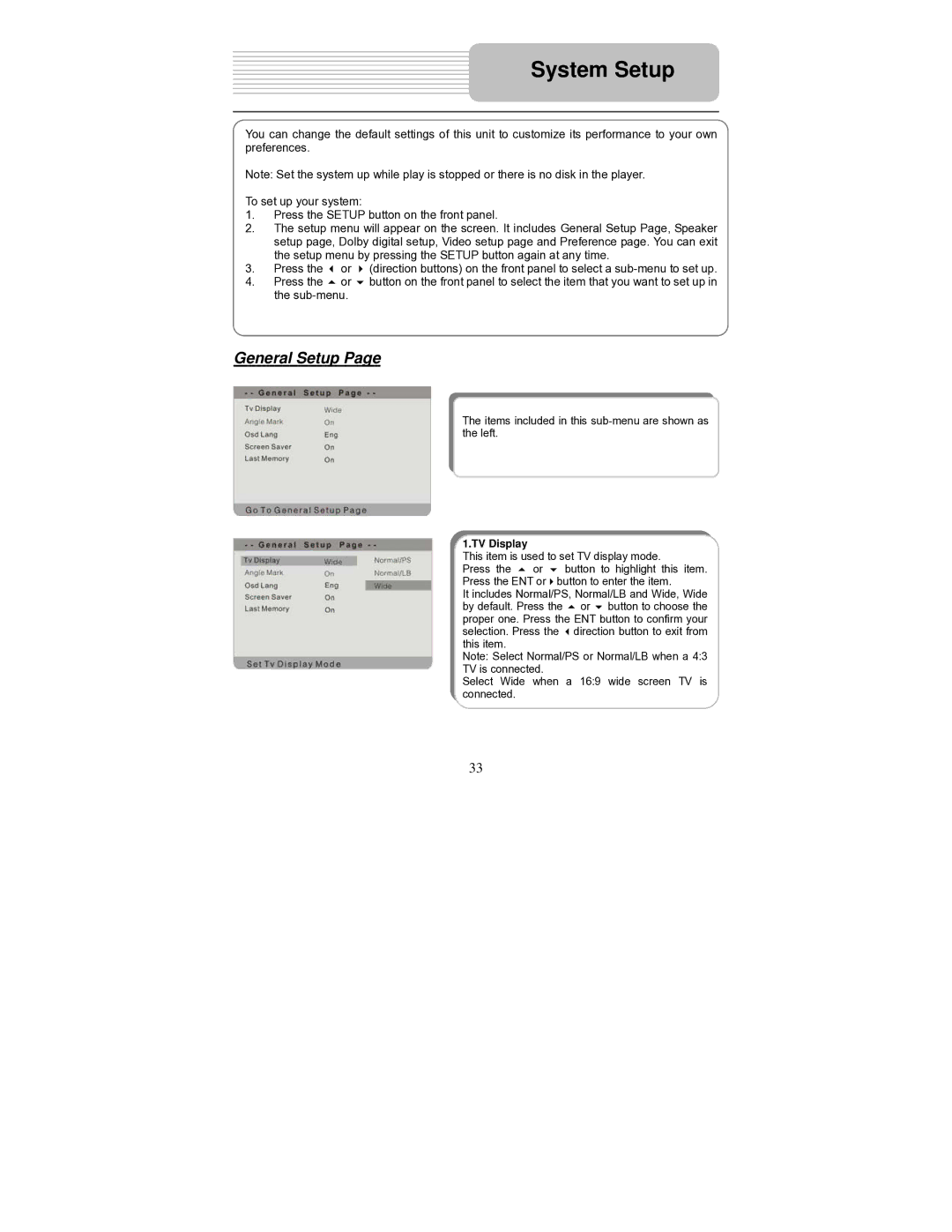 Polaroid PDU-0824 operation manual System Setup, General Setup, TV Display 