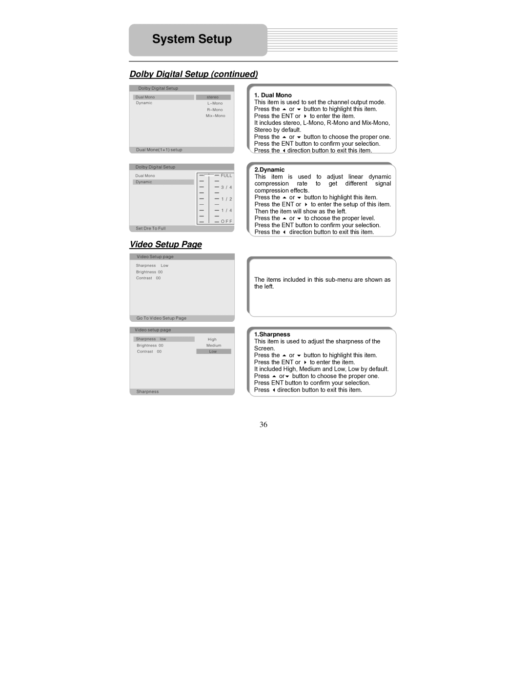 Polaroid PDU-0824 operation manual Video Setup, Dual Mono, Dynamic, Sharpness 