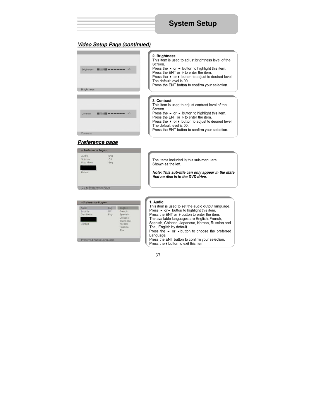 Polaroid PDU-0824 operation manual Preference, Brightness, Contrast, Audio 