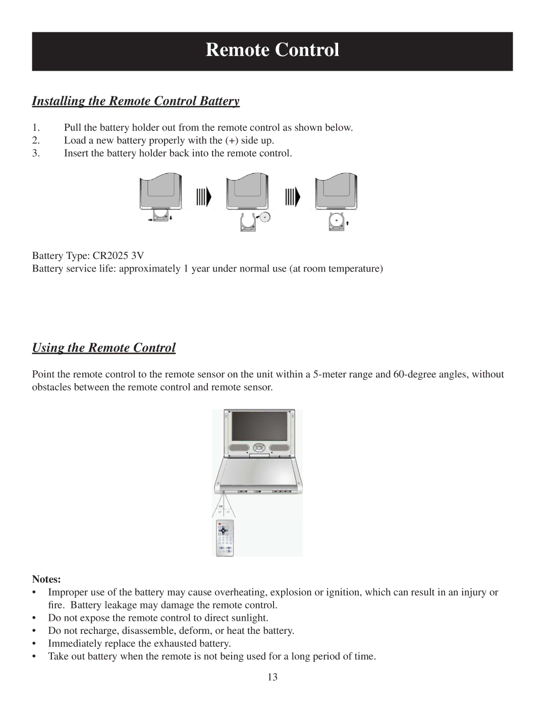 Polaroid PDU-0832 user manual Installing the Remote Control Battery, Using the Remote Control 