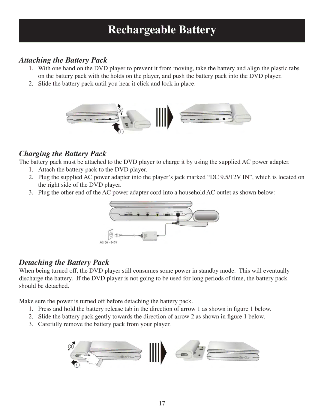 Polaroid PDU-0832 user manual Attaching the Battery Pack, Charging the Battery Pack, Detaching the Battery Pack 