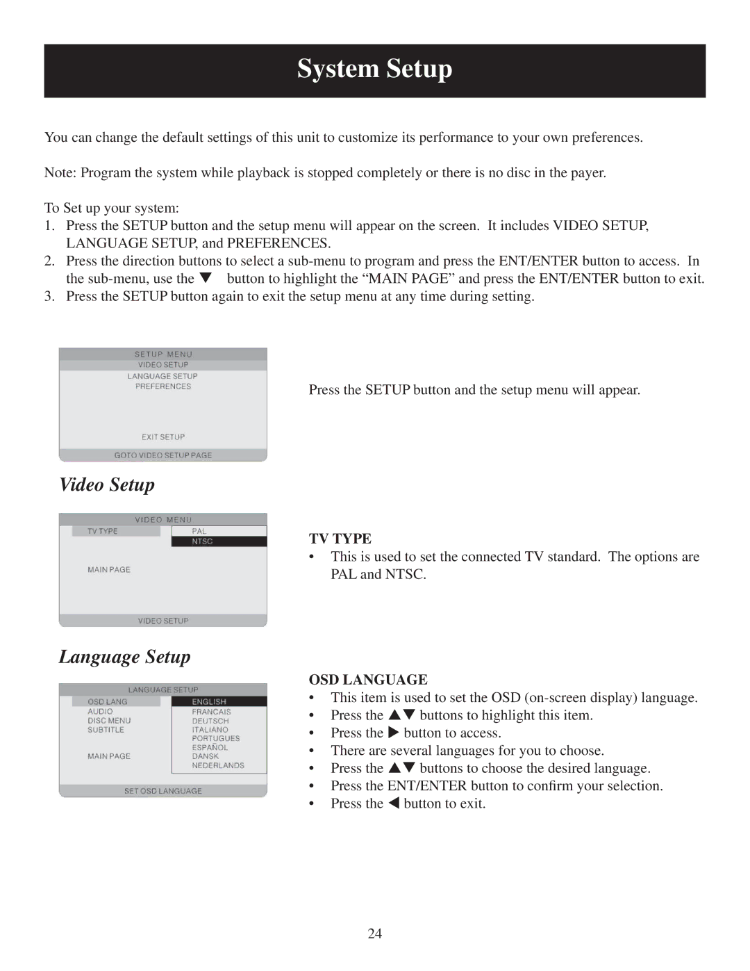 Polaroid PDU-0832 user manual System Setup, TV Type, OSD Language 