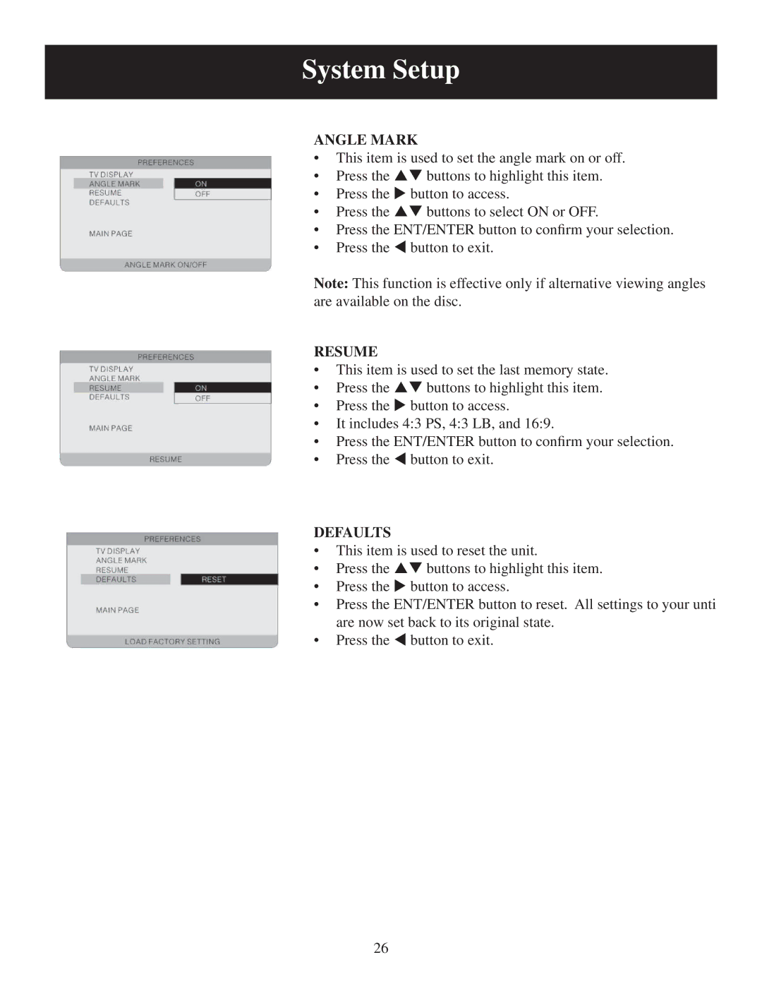 Polaroid PDU-0832 user manual Angle Mark, Resume, Defaults 