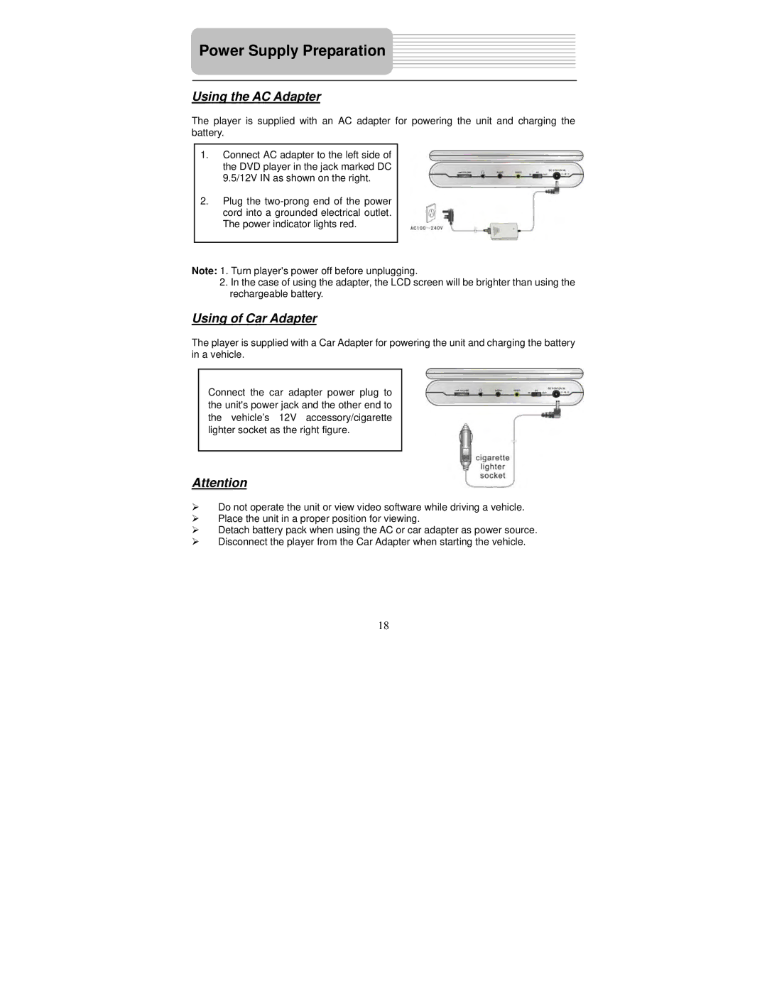 Polaroid PDU-0832DS user manual Power Supply Preparation, Using the AC Adapter, Using of Car Adapter 