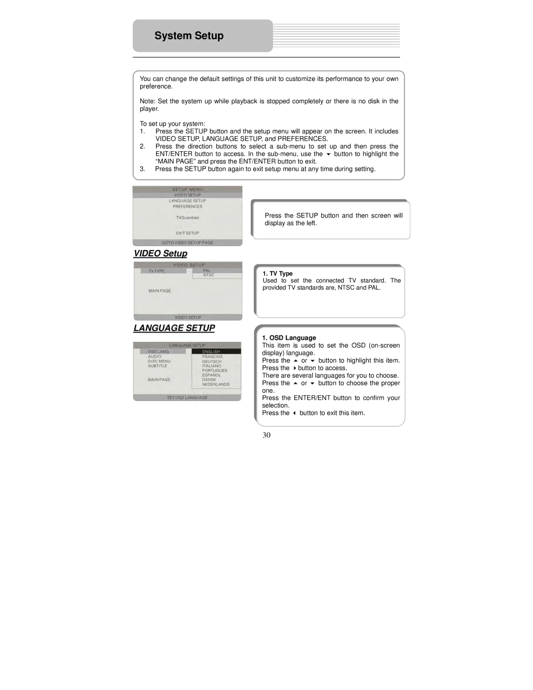 Polaroid PDU-0832DS user manual System Setup, Video Setup, OSD Language 