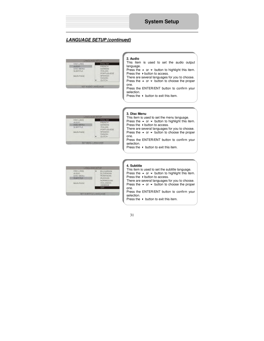 Polaroid PDU-0832DS user manual Language Setup, Audio, Disc Menu, Subtitle 