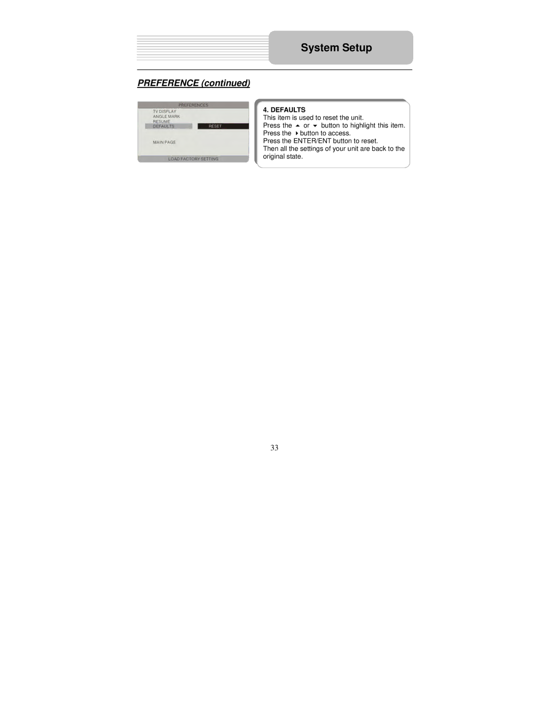 Polaroid PDU-0832DS user manual Preference, Defaults 